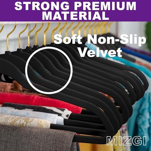 MIZGI Black Velvet Hangers 100 Pack,Premium Gold Clothes Hangers Non-Slip Felt Hangers,Sturdy Black Hangers Heavy Duty Coat Hangers,Durable Suit Hangers Space Saving, No Flocked Hanger Marks - Image 6