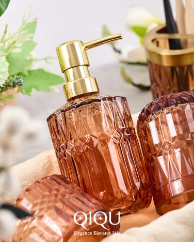 Bathroom Accessories Set, 5Pcs Clear Glass Bathroom Accessories, Soap Dispenser, Soap Dish, Toothbrush Holder Set, Tumbler, Qtips Holder for Vintage Crystal Bath Decor (Amber) - Image 3