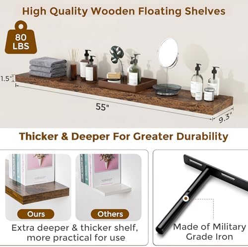 55in Floating Shelves for Wall, 9.3in Deep Rustic Shelves Set of 2 - Image 3