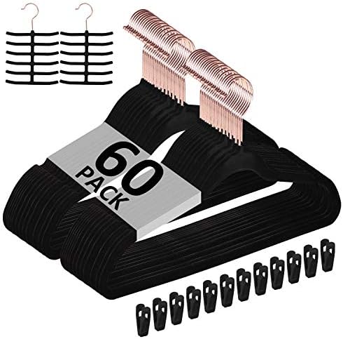 VECELO Premium Velvet Clothes Hangers Suit Heavy Duty (60 Pack)-Non Slip & Space-Saving with 8 Finger Clips & Tie Rack Excellent for Men and Women,Black by VECELO