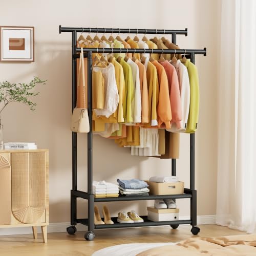 Double Rod Clothing Rack with 2 Shelves, Rolling, Black - Image 2
