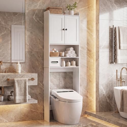 Over the Toilet Storage Cabinet, Tall Slim Bathroom Organizer with Doors, Adjustable Shelves & Built-in Toilet Paper Holder, Space-Saving Above Toilet Cabinet for Small Bathrooms(White) - Image 5