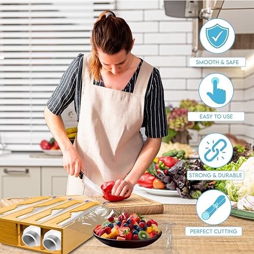 Bamboo Aluminum Foil Organizer & Plastic Wrap Dispenser with Cutter for 11" Rolls - 4 in 1 Parchment, Wax Paper & Saran Wrap Holder - Tin Foil Wrap Organizer for Kitchen Drawer, Countertop & Pantry - Image 4