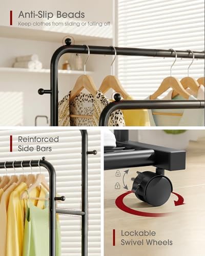 Sakugi Double Rod Clothes Rack Mesh Shelf & Hooks, 28.7x16.5x59.1, Black - Image 6