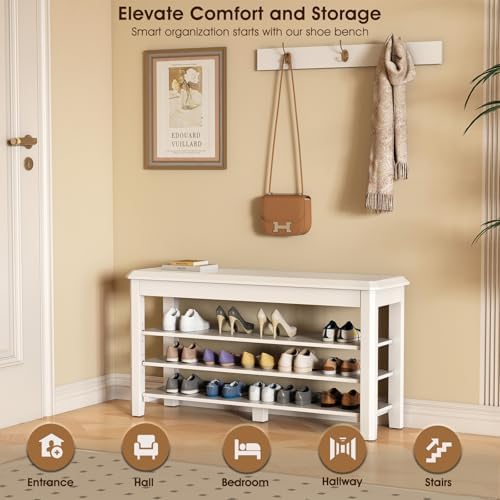 IUNVR Shoe Rack Bench Seat Rubberwood 3-Tier Wooden Storage Bench 550lbs Compact Mid-Century Modern Design for Entryway, Hallway, Closet, Front Door Entrance, Foyer - Image 3