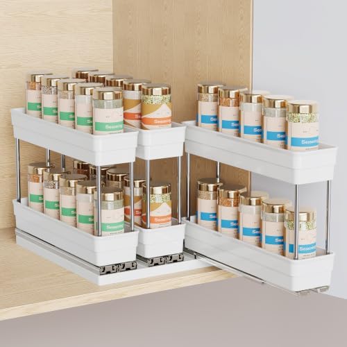 Mystozer Pull Out Spice Rack Organizer for Cabinet, Slide Out Spice Racks Organizer, Easy to Install Spice Cabinet Organizers, 8.5''Wx10.5''Dx8.3''H, 3 Drawers-2 Tiers (White) by Mystozer