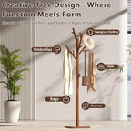 Solid Wood Coat Rack - Freestanding Coat Hat Rack Stand with 14 Hooks, Clothes Rack Heavy Duty Space Saving Entryway Coat Tree Hanger Rack for Coats Jackets Hats Bags, Adjustable Height - Image 3