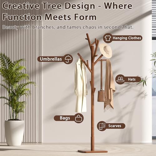 Solid Wood Coat Rack - Freestanding Coat Hat Rack Stand with 14 Hooks, Clothes Rack Heavy Duty Space Saving Entryway Coat Tree Hanger Rack for Coats Jackets Hats Bags, Adjustable Height - Image 3