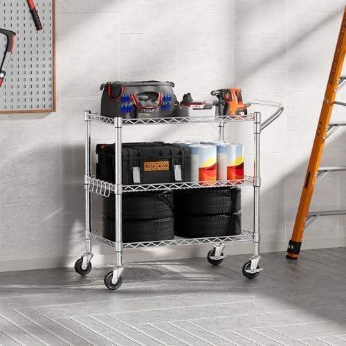 NTE 3 Tier Heavy Duty Rolling Utility Cart on Wheels, 990Lbs Capacity Rolling Wire Cart, Kitchen Carts on Wheels, NSF Commercial Metal Serving Cart with Handle and Shelf Liners for Kitchen, Restaurant - Image 2
