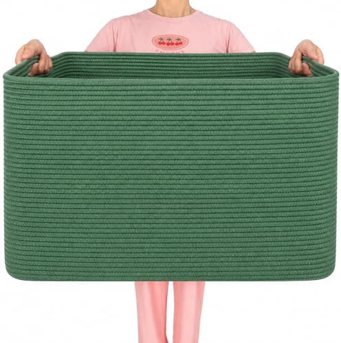 MINTWOOD Design 112L Extra Large Blanket Basket Holder Living Room, 25"x17"x16" Rectangle Rope Woven Storage Basket with Handles for Laundry, Towels, Shoes, Dog Toy Organizer Bin Box, Green by MINTWOODDesign