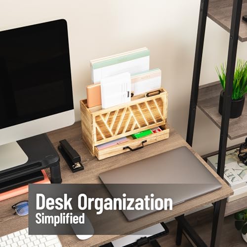 Mind Reader Natural Wood Desktop Mail Organizer with Drawer, 3-Tier Letter Holder with Label Slots, Office Desk Paper Sorter, Brown - Image 2