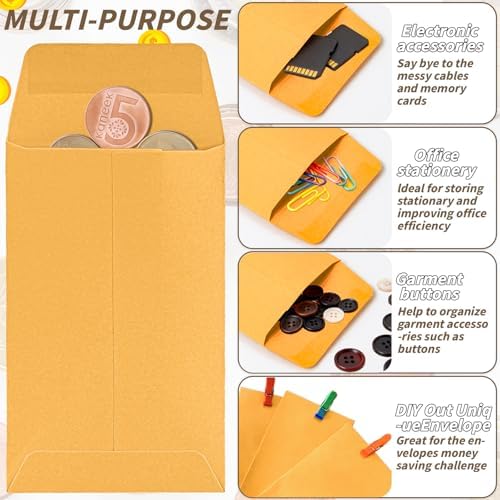 1000 Pack Small Coin Envelope 4.25x 2.5in Gold Kraft Money Envelope Small Cash Envelopes Mini Key Envelopes with Gummed Flap for Home and Office Use - Image 4