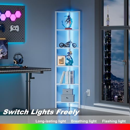 TUTOTAK 6-Tier Corner Bookshelf with LED Light, Corner Shelf - Image 6