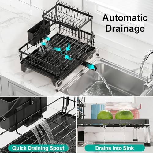 iSPECLE 2 Tier Dish Drying Rack - Expandable Over Sink & Counter Use, Black - Image 3