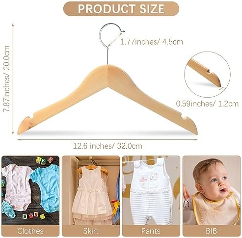 Pinkunn 50 Pcs Wooden Hangers for Baby Kids Wood Hangers Solid Baby Children's Coat with Pants Bar Shoulder Notches Anti Rust Swivel Hooks 12.6 Inch - Image 2