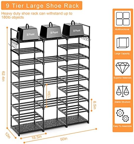 Kottwca 9-Tier Metal Shoe Rack Organizer for 50-55 Pairs - Space Saving Shoe Storage Shelf for Entryway, Closet, Bedroom, Hallway - Image 3