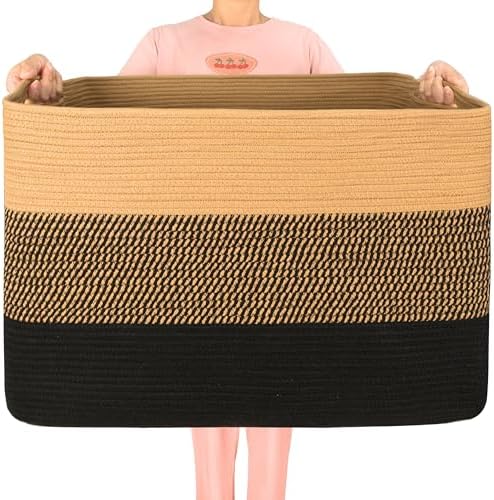 MINTWOOD Design 112L Extra Large Blanket Basket Holder Living Room, 25"x17"x16" Rectangle Rope Woven Storage Basket with Handles for Laundry, Pool Towels, Shoes, Dog Toy Organizer Bin Box, Black Jute by MINTWOODDesign