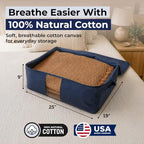 Soft Canvas Storage Bags with Zipper. Thick Breathable, 2pc King/Queen Comforter Organizer. Four Carrying Handles and Window. Large 25x19x9in Bag for Sheets Blankets Bedding Pillows, Clothes (Blue) - Image 2