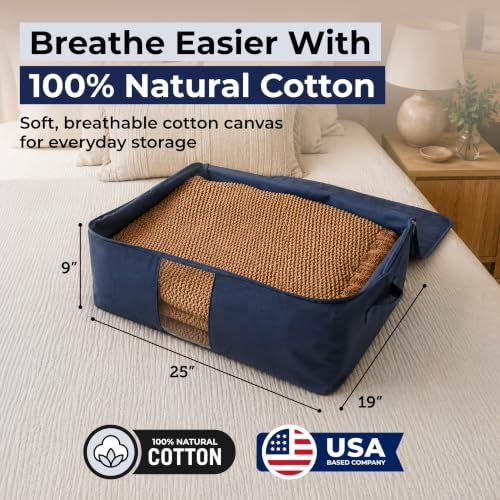 Soft Canvas Storage Bags with Zipper. Thick Breathable, 2pc King/Queen Comforter Organizer. Four Carrying Handles and Window. Large 25x19x9in Bag for Sheets Blankets Bedding Pillows, Clothes (Blue) - Image 2