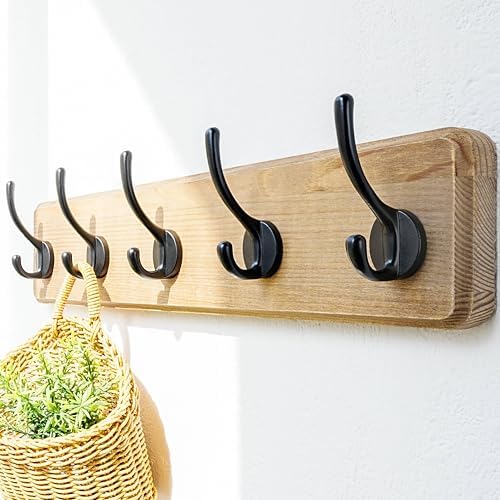 Dseap Coat Rack Wall: Patented, Heavy-Duty, 17.4" Long 5-Double-Hooks Wooden Wall Mounted Coat Rack Coat Hanger Hook Rail for Winter Coats Hat Jacket Clothing, Weathered Brown, Pack of 2 - Image 5