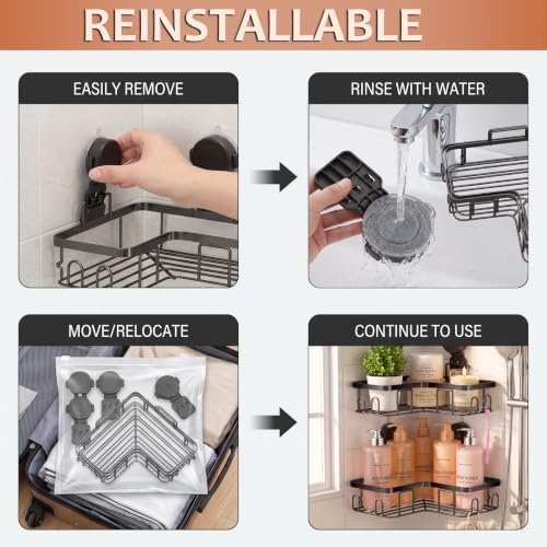 Moforoco Corner Shower Caddy Suction Cup, No Drilling Stainless Steel Shower Shelves, Portable/Movable Large Suction Cup Shower Organizer with Hooks Bathroom Storage Rack(Black) - Image 4