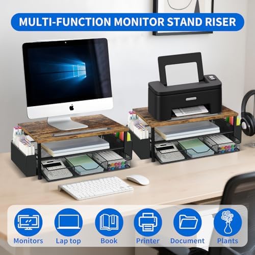 AUPSEN Wood Desk Organizers and Accessories, 2-Tier Computer Monitor Stand Riser with Drawer, Pen Storage & Phone Holder, Office Desk Accessories, Workspace Desktop Organization for Office Supplies（Brown） - Image 3
