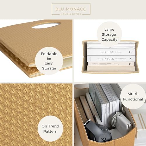 BLU MONACO | Gold Magazine Holder | Woven PVC Leather Organizer with MDF Frame | Floor or Table Storage for Home Office Bathroom | Large Capacity Vertical File Basket - Image 4