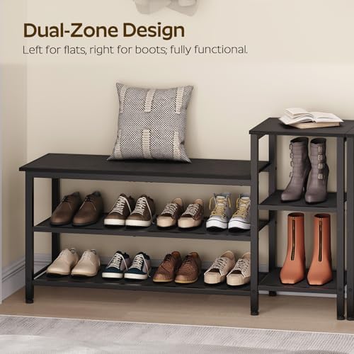 YATINEY 3-Tier Shoe Rack Bench, Wooden Shoe Storage Bench, Industrial Entryway Bench with Storage, Multi-Functional Shoe Rack with Seat for Bedroom, Hallway, Living Room, Black HX05BB - Image 5