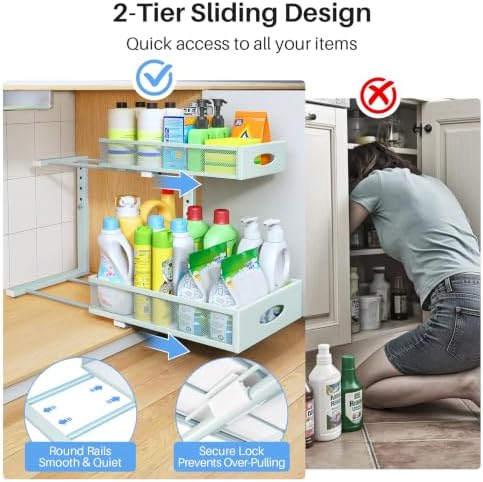 Under Sink Organizer, 2 Tier Pull Out Under Cabinet Organizer Shelf with Pad for Framed Cabinets, Metal Slide Out Under Sink Storage, Mesh Sliding Drawers for Kitchen Bathroom Laundry(Blue, 1 Pack) - Image 4