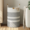 Nunsino 75L Striped Laundry Hamper with Leather Handles,Large Foldable Laundry Basket for Clothes,Cotton Rope Storage Bin for Blankets,Woven Clothes Basket for Bedroom,Gray Stripes by Nunsino