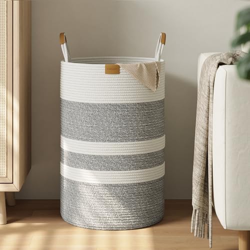 Nunsino 75L Striped Laundry Hamper with Leather Handles,Large Foldable Laundry Basket for Clothes,Cotton Rope Storage Bin for Blankets,Woven Clothes Basket for Bedroom,Gray Stripes by Nunsino