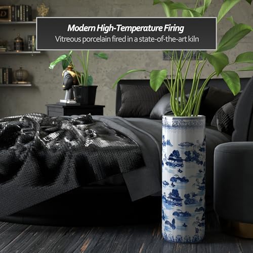Oriental Furniture 20" Landscape Blue & White Porcelain Umbrella Stand - Image 3