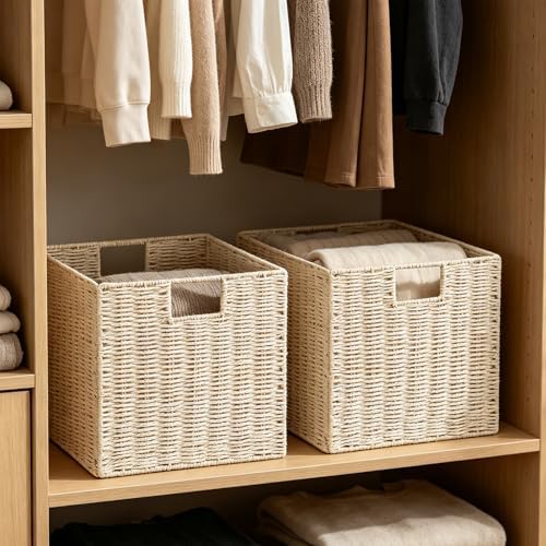 Vagusicc Wicker Storage Basket, Set of 2 Hand-Woven Paper Rope Wicker Baskets, Foldable Cube Storage Bins, Beige Storage Basket, Square Baskets for Organizing Shelves & Decor, Beige(13″×13″×13″) - Image 5