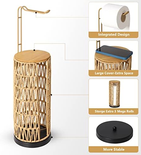 Freestanding Toilet Paper Holder with Storage,3 Rolls of Tissue Holder for Bathroom,Handmade Woven Toilet Paper Roll Holder Stand,Rattan Sturdy Boho Bathroom Decor Farmhouse Toilet Paper Storage - Image 4