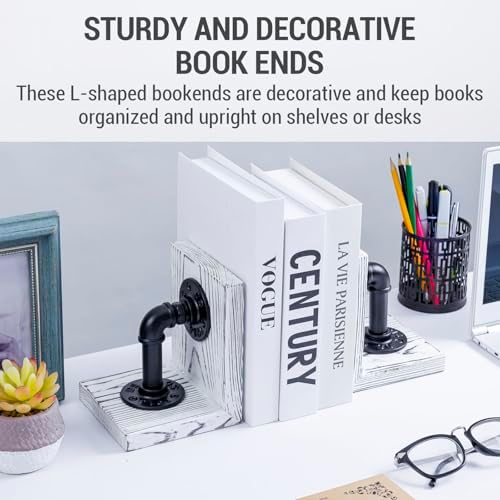 MyGift Decorative Bookends, Office Book Ends for Shelves, Book Holder L-Shaped Stand Desktop, Whitewashed Solid Wood with Realistic Industrial Pipe Design - Image 3