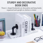 MyGift Decorative Bookends, Office Book Ends for Shelves, Book Holder L-Shaped Stand Desktop, Whitewashed Solid Wood with Realistic Industrial Pipe Design - Image 3