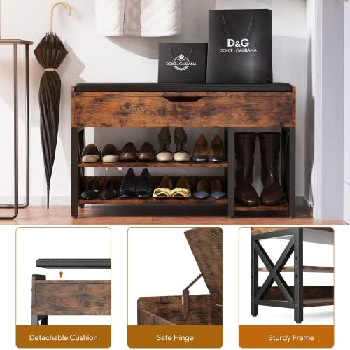 Shoe Bench, Lift Top Shoe Storage Bench, Adjustable Shelf Entryway Bench, Metal and Wood Shoe Rack Organizer with Cushion for Entry, Closet, Living Room, Bedroom, Hallway (Brown, 39.5“W) - Image 4