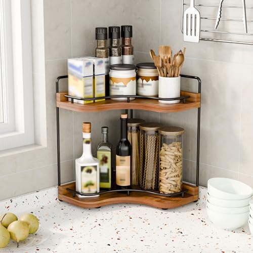 2-Tier Corner Bathroom Counter Organizer, Larger, Acacia Wood - Image 6