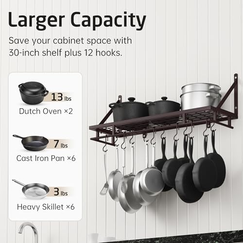 KES 30-Inch Wall Pot Rack, Oil Bronze, 88lb Capacity, 12 Hooks, Farmhouse - Image 3