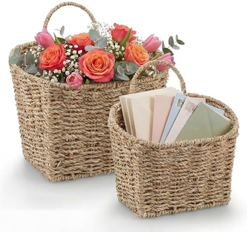 84ECO Set of 2 Seagrass Hanging Baskets for Organizing, Front Door, Mail, Flowers by 84ECO
