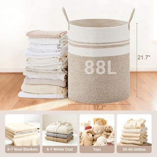88L Large Tall Cotton Rope Laundry Basket with Handles, White & Brown - Image 2