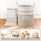 88L Large Tall Cotton Rope Laundry Basket with Handles, White & Brown - Image 2
