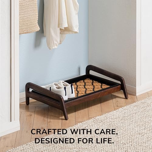 Anji Mountain Heavy Duty Waterproof Wooden Shoe Storage Mat Organizer/Boot Storage Tray Multi Use for Entryway with Coir, Tan and Black Trellis Insert, 1 Tier, Fits 2 Pair (26.5" Wide) - Image 5