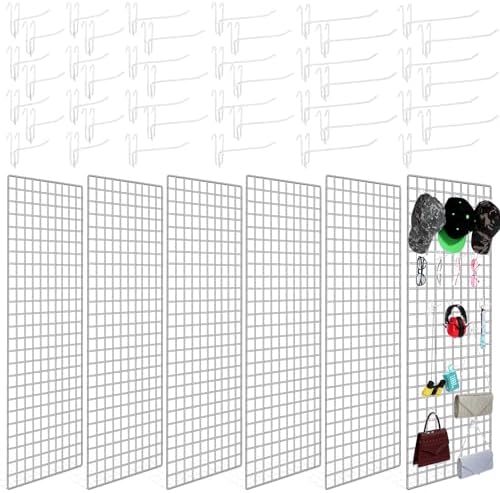Hicarer 6 Pcs Commercial Grade Gridwall Panels for Display, Heavy Duty Wire Grid wall Display Rack Metal wall Mount Grid with 60 White Hooks for Retail Display Home Storage Vendor Events(2 x 5 ft) by Hicarer