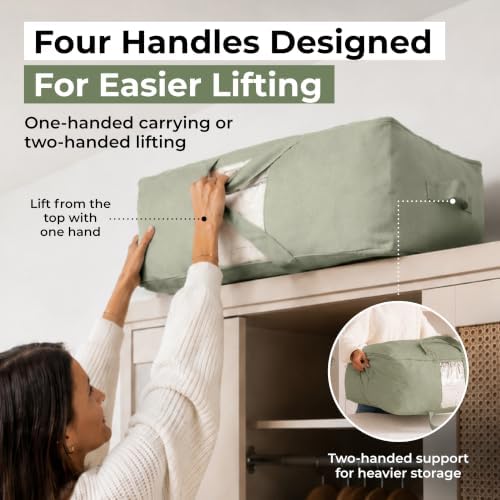 Soft Canvas Storage Bags with Zipper. Thick Breathable, 2pc King/Queen Comforter Organizer. Four Carrying Handles and Window. Large 25x19x9in Bag for Sheets Blankets Bedding Pillows, Clothes (Green) - Image 4