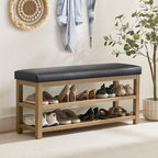 Zihanhome Shoe Rack Bench with Leather Cushion, 2 Tier Solid Wood Storage Bench, Mid-Century Modern Shoe Bench for Entryway, Hallway, Closet, Front Door Entrance, Foyer (Black, 46.5) - Image 3