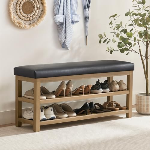 Zihanhome Shoe Rack Bench with Leather Cushion, 2 Tier Solid Wood Storage Bench, Mid-Century Modern Shoe Bench for Entryway, Hallway, Closet, Front Door Entrance, Foyer (Black, 46.5) - Image 3