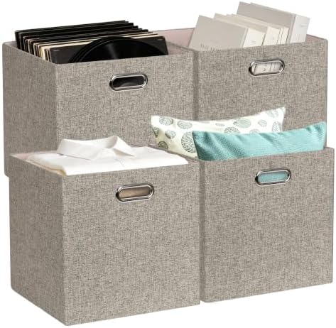 Posprica Collapsible Storage Bins,13×13 Foldable Storage Cube Boxes Fabric Drawer Fabric Storage Bins Vinyl Record Light Coffee, 4 Pack by Posprica