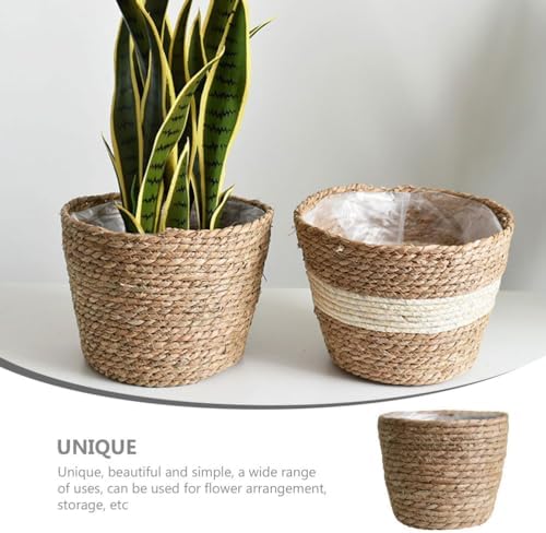Healeved Hand Woven Planter Basket with Liner Rustic Straw Flower Pot for Indoor Outdoor Plants Balcony Living Room Decor 7.8X9.75X7.8 Inches - Image 2