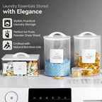 Laundry Pod Storage Container Set | Two 3L Glass Jars & One Acrylic Dryer Sheet Container with Bamboo Lids – Includes 2 Scoops, 60 Waterproof Laundry Labels – Dishwasher Safe - Image 5